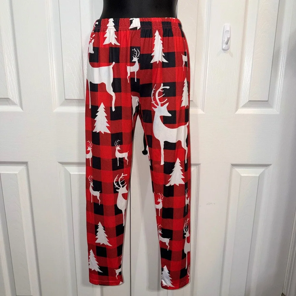 Kids Red Buffalo Plaid Christmas Reindeer Pajama Pants Joggers‎ Size 10-11Y